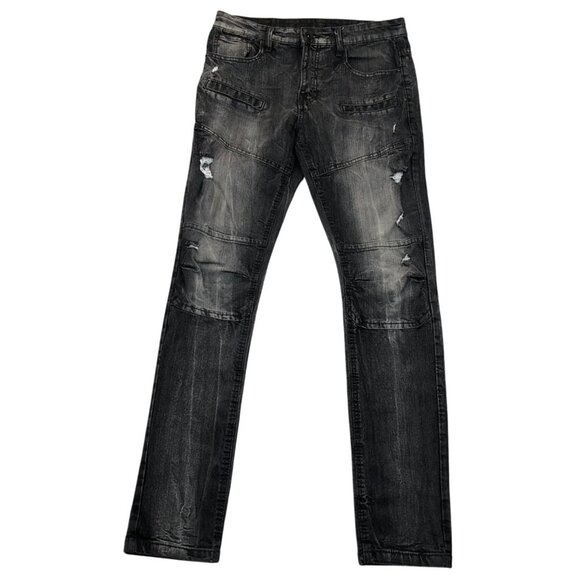 Southpole Mens Jeans Size 32x31 Measured Distressed Straight Biker Black Denim - Picture 1 of 15